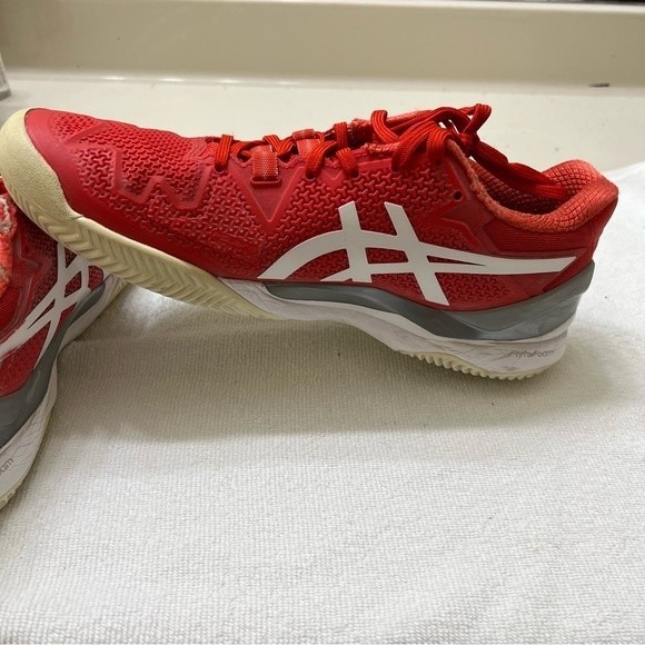 ASICS Clay Tennis Shoes sz:9 Gel-Resolution 8 Fiery Red/White Fabric Flyte Foam - Picture 1 of 9